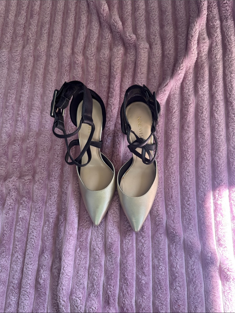 Nine West Two-Tone Pointed Toe Ankle Strap Heels - Gold & Black